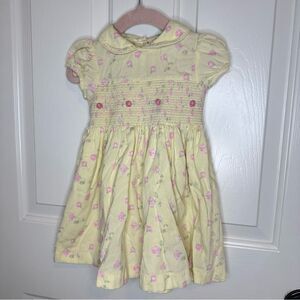 VTG Laura Ashley Butter Yellow Pink Floral Print Smocked Collared Dress Sz 12M